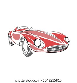 Old red classic car, abstract isolated line art vector illustration. Vintage car