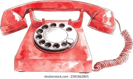 old red dial-up phone watercolor illustration vector