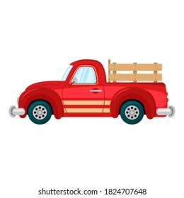 Old red farm pickup truck icon. Small commercial vehicle. Side view. Colored silhouette. Vector flat graphic illustration. The isolated object on a white background. Isolate.