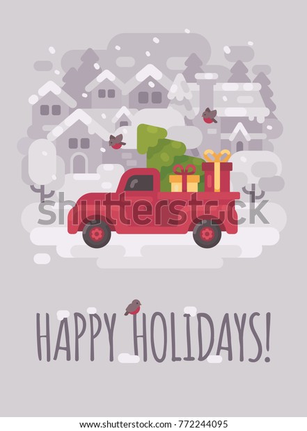 Old red farm truck with a Christmas tree and\
presents in a winter village. Christmas greeting card flat\
illustration. Happy\
holidays