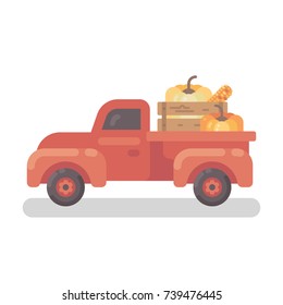 Old Red Farm Truck With Pumpkins Flat Illustration