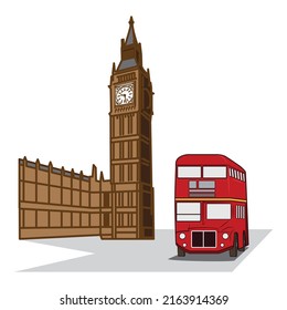 Old red London bus background and Big Ben clock tower Westminster London famous symbols London England drawing in cartoon vector