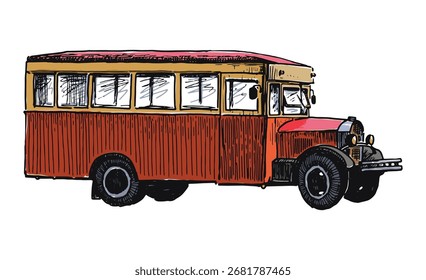 Alter roter Personenbus, Seitenansicht, realistische Skizze, Vektorkontur, handgezeichnete Illustration auf weißem Hintergrund einzeln