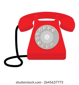 Antigo telefone retro vermelho com placa de discagem isolada no fundo branco. Telefone antigo envelhecido. Ilustração vetorial