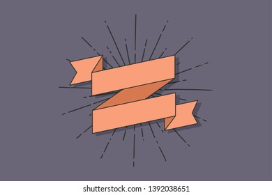 Old red ribbon with empty space and light rays on blue background in vintage style. Retro banner in the style of engraving for design poster and banner. Vector illustration.