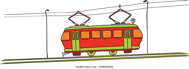 Old Red tram number 18 on a white background. Vector image