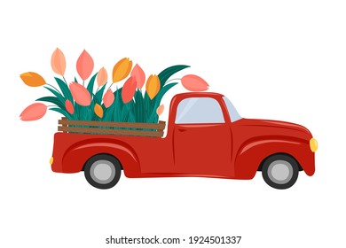 Old Red Vintage Truck With Tulip Flowers In The Back. Spring Concept. Flower Delivery.