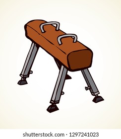 Old red weightlifting leather goat with coach grips on white backdrop. Bright brown color hand drawn action object logo emblem in vintage art doodle cartoon style. Close-up view on space for text