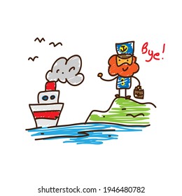 old red-bearded sailor says bye to the departing ship, simple cartoon illustration