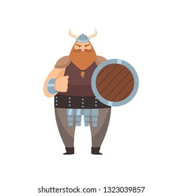 Old red-bearded viking stands with shield and threatens with fist over white background