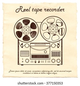 Old reel tape recorder on a paper background. Vector illustration.