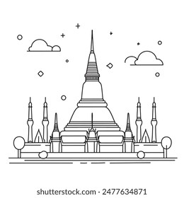 Old religious temple building editable line art