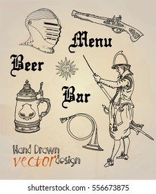 Old restaurant. Menu. Knight. design elements