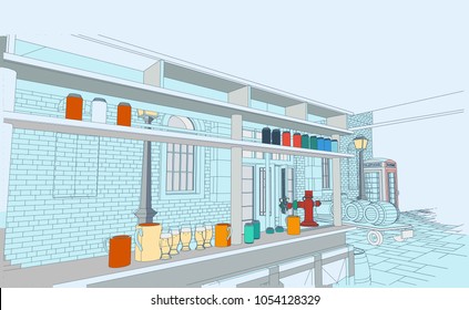 Old restored brewery in the European city. Appearance, facade with a tent beer sales. Vector