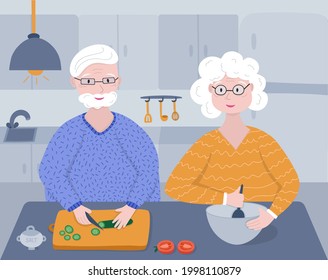 Old retired couple cook together a vegetable salad on the cozy kitchen. Grandfather cuts a cucumber, tomato, grandmother mixes products in a bowl with a spoon. Vector hand drawn illustration.
