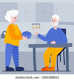 Old retired couple having a dinner together on the cozy kitchen. Grandmother sets the table and put the caldron. Grandfather satisfied and showing thumbs up. Stylized vector hand drawn illustration.
