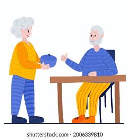 Old retired couple having a dinner together. Grandmother sets the table and put the caldron. Grandfather showing thumbs up. Stylized vector hand drawn illustration isolated on white background.