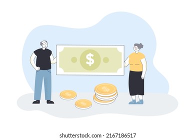 Old retired couple holding cash money. Elderly tiny rich man and woman saving banknotes and coins flat vector illustration. Pension, finance concept for banner, website design or landing web page