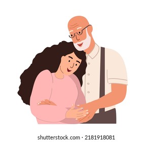 Old Retired Father Hug And Support His Adult Daughter.Grandfather,girl Child Together.Loving Grandpa,grandchild.Elderly Man And Daughter.Warm Hugs.Flat Vector Illustration Isolated On White Background
