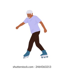 Old retired man cartoon character learning to ride roller skates isolated on white background