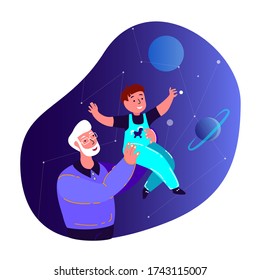 Old Retired Pesioner Grandfather Support Laughing Grandson,Play Together.Pensioner Grandad Support Kid.Boy Flying in Galaxy Space Cosmos. Baby Fun with Dad.Cheerful Childhood. Flat Vector Illustration