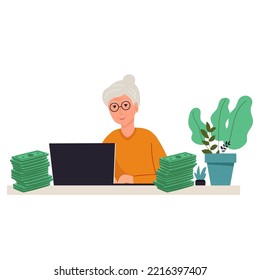 old, retired old woman earns a lot of money with a laptop. Business grandmother receive good financial online income. Joyful female makes passive profit or gain. pension Get investment dividend and ea