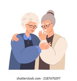 Old Retired Women gossipping,whispering secrets,telling news.Ladies friend talking,spreading rumors.Happy Grandmothers girlfriends giggling,chatting,tattling.Flat vector illustration isolated on