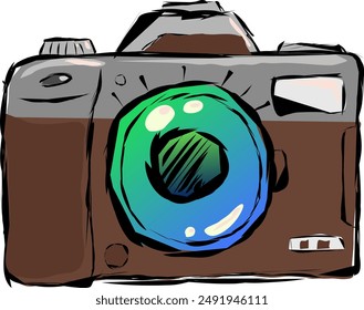 Old retno photo camera is brown with an aluminum finial. Vector illustration camera full-face view with large colored glass of blue-green color. The drawing is made in the sketch style of strokes.