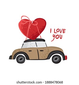 Viejo coche retro beige con un gran corazón en la parte superior del maletero aislado en un fondo blanco. Plantilla de tarjeta de felicitación de San Valentín. Símbolo de los amantes, recién casados con letras. Ilustración vectorial de dibujos animados