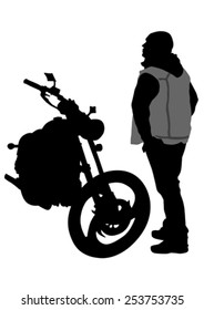 Old retro bike and man on white background