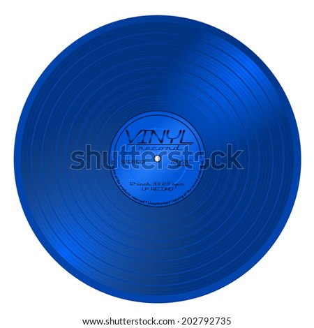 Old retro blue plastic vinyl musical lp record with blue label emblem poster. gramophone shiny long play disc, unique design - music award. vector art image illustration, isolated on white background