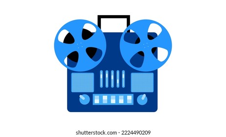 Old retro blue vintage music cassette tape recorder with magnetic tape on reels and speakers from the 70s, 80s, 90s. Beautiful icon. Vector illustration