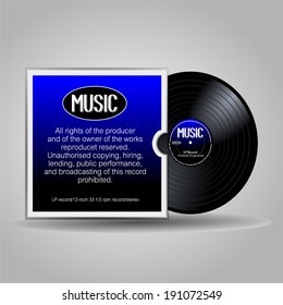 Old, retro blue-black record, LP with cover. eps10 vector art image. isolated on gray background. Vinyl long play record in a paper case, retro design with text note and detail.
