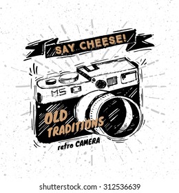 Old retro camera hand-drawn style with different beautiful sketched elements on a white background
