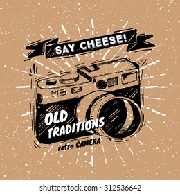 Old retro camera hand-drawn style with different beautiful sketched elements on a brown background