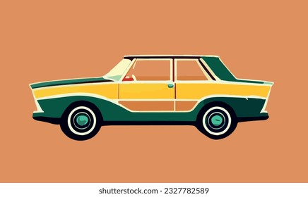 Old retro car in abstract style. Vintage illustration. A red ca, vintage car yellow and green