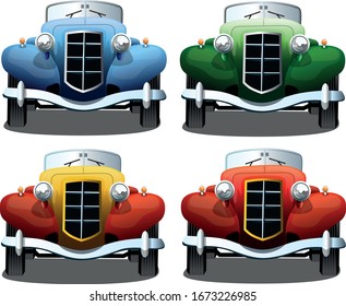Old retro car convertible in different colors, front view. Vector illustration isolated on a white background.