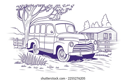 Old retro car near the farm vector linear illustration for Coloring pages.