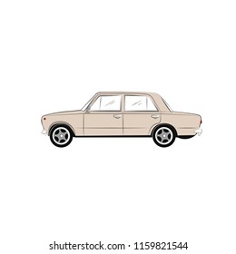 Old retro cartoon beige car. Flat logo vector illustration