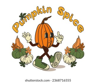 Old retro cartoon illustration with pumpkin character. Slogan Pumpkin Spice and nostalgia funny character in flat hand drawn style. Ideal for poster, card, tshirt print, printout, banner