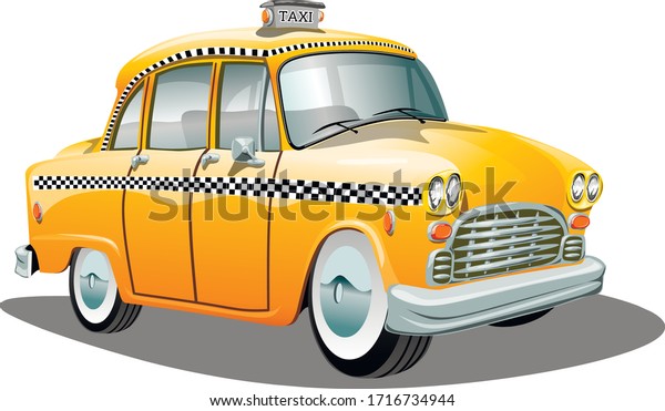Old retro cartoon yellow taxi car. Vector\
illustration on a white\
background.