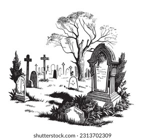 Old retro cemetery hand drawn sketch illustration