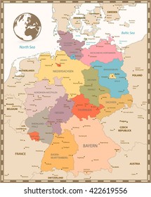 Old retro color map of Germany. Vector illustration.