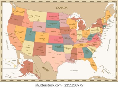 Old retro color map of United States. Highly detailed editable political map.