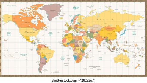 Old retro color political World map. All elements are separated in editable layers clearly labeled.