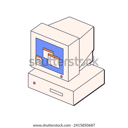 Old retro computer in 80s style. Obsolete PC monitor. Outdated nostalgic desktop. 1980s device icon, vintage technologies of eighties. Flat vector illustration isolated on white background