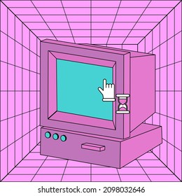 Old retro computer with CRT monitor on a pink grid background. Vaporwave vintage style aesthetics.