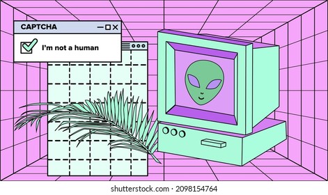 Old retro computer with CRT monitor on a grid background. Vaporwave vintage style aesthetics.