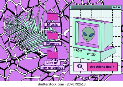 Old retro computer with CRT monitor. Vaporwave vintage style aesthetics.