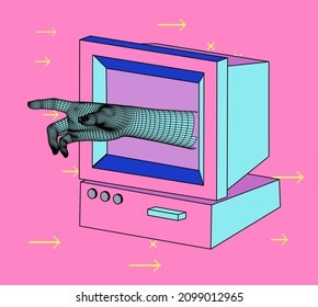 Old retro computer with CRT monitor on a pink background. Vaporwave vintage style aesthetics.